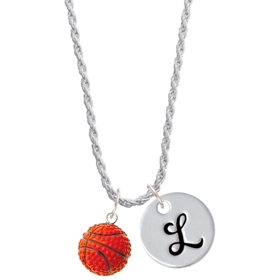 Delight Jewelry Resin Basketball Silvertone Script Initial Disc - L - Charm Necklace, 20"+3"
