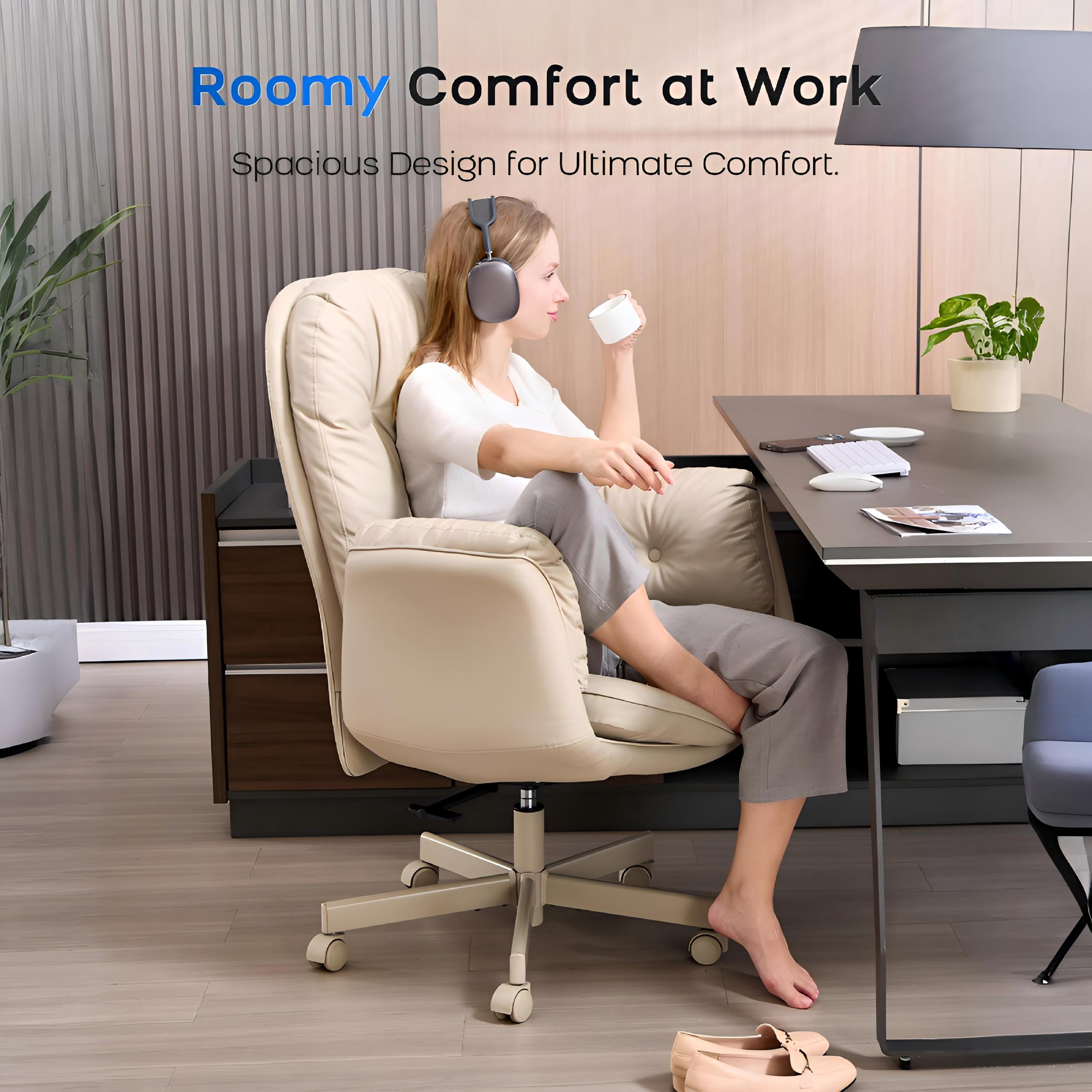 TMV Vanity Chair with Foldable Arms, Criss Cross Design Office Desk Chair - Standard Size Swivel Computer Chair with Wheels,Cream