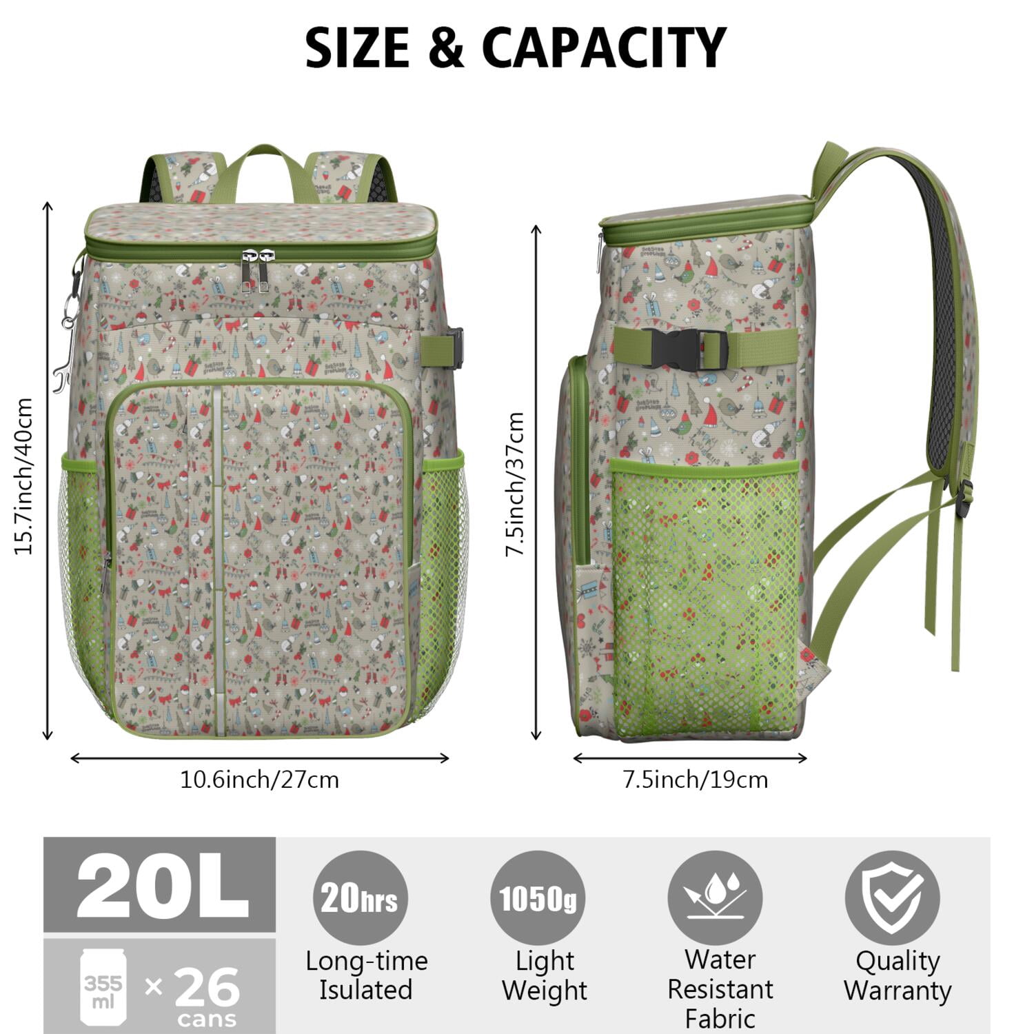 Travel Cooler Bag - Gray Christmas Icon Pattern Camping Beer Cooler Backpack with Bottle Opener- Waterproof Insulated Picnic Backpacks - Cooler Bag for Beach