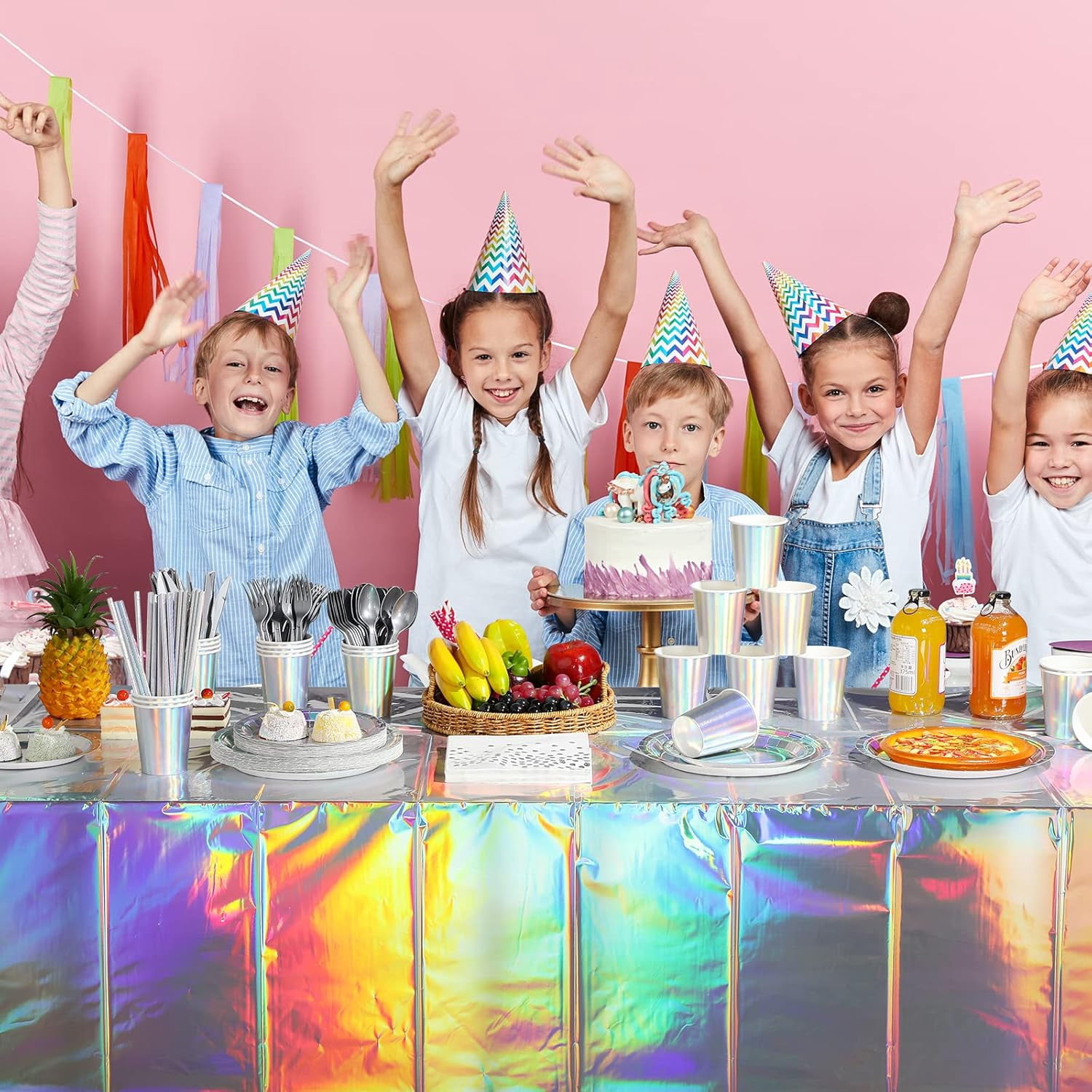 141 Iridescent Party Supplies Decorations, Holographic Paper Plates and Napkins Set, Disposable Tablecloth Set for Mermaid Disco Birthday Wedding Anniversary Party