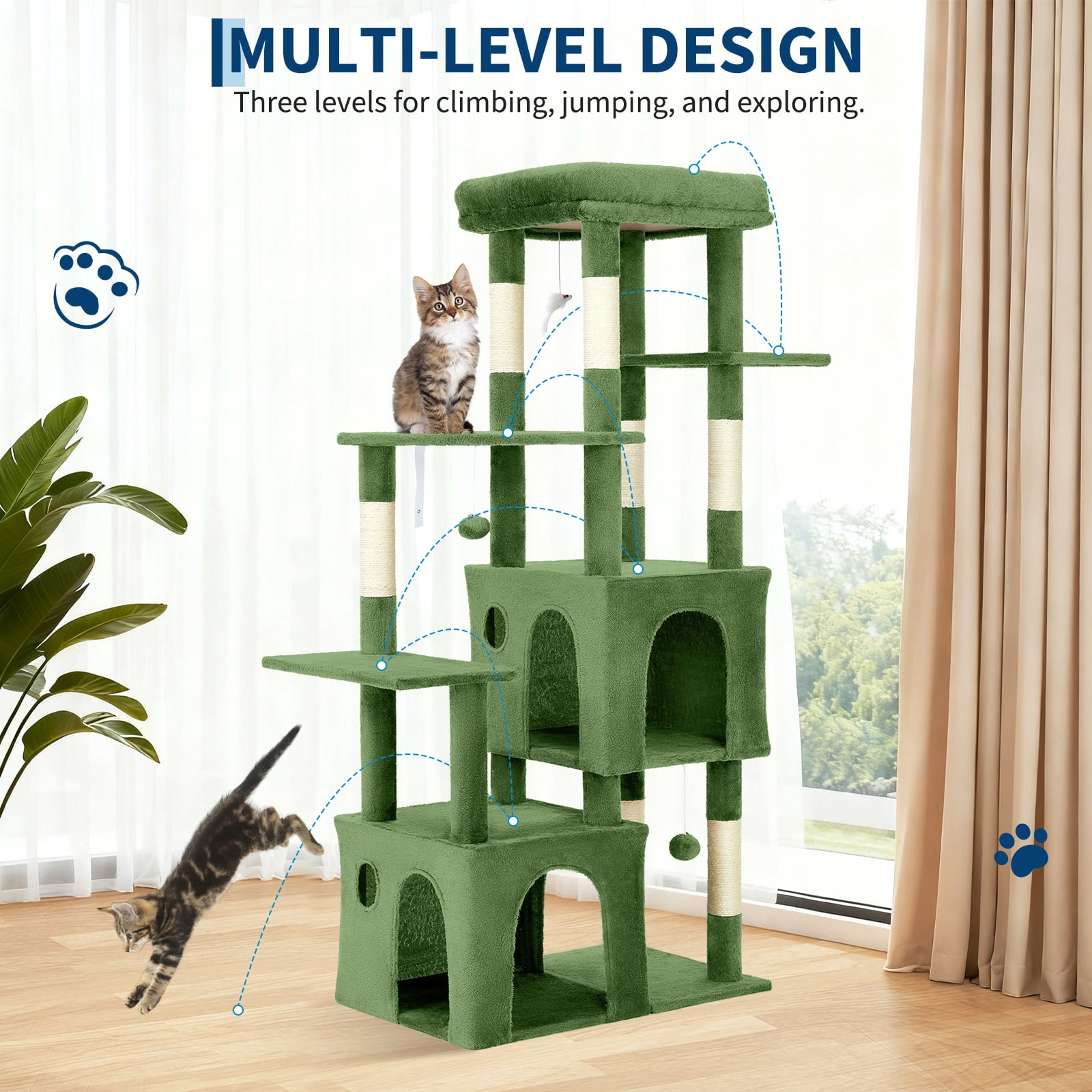 BouPower 61" Multi-Level Cat Tree Tower, Dark Grey Heavy-Duty Cat Condo with Oversized Perch, 2 Spacious Condos, Natural Sisal Scratching Posts and Play Toys for Large Adult & Maine Coon Cats