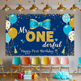 thumbnail image 6 of Blue Gold Themed First Birthday Banner with Balloons Bow and Glitter Party Supplies Photography Props Backdrop Happy Birthday Decorations Birthday Party Background, 6 of 8