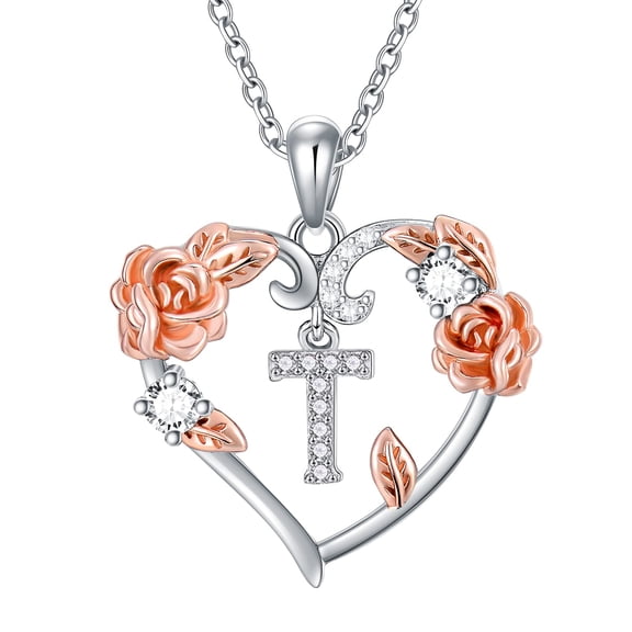 Rose Heart Necklaces Gifts for Women, 925 Sterling Silver Rose Love Heart Initial Letter Pendant Necklace Jewelry Mothers Day Valentines Christmas Birthday Gifts for Her Mom Wife Girlfriend-T