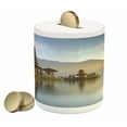 thumbnail image 1 of Balinese Piggy Bank, Pura Ulun Danu Building Panorama Sunrise on Lake Bratan Bali Indonesia Waterscape, Ceramic Coin Bank Money Box for Cash Saving, 3.6" X 3.2", Beige Brown, by Ambesonne, 1 of 4