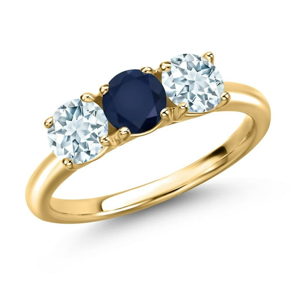 Gem Stone King 18K Yellow Gold Plated Silver Blue Sapphire and Sky Blue Aquamarine Engagement Ring for Women | 1.60 Cttw | Round 5MM | Gemstone September Birthstone | Size 7