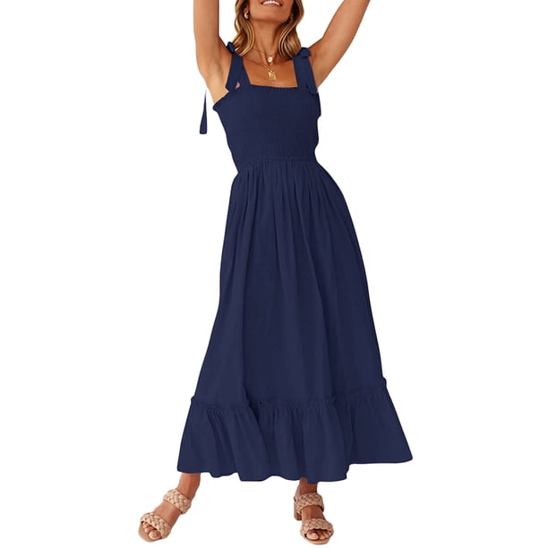 SAYOO - Vestido midi de verano para mujer, informal, con tirantes finos, sin mangas, de talle alto, fluido, línea A, largo SAYOO Estilo de ocio