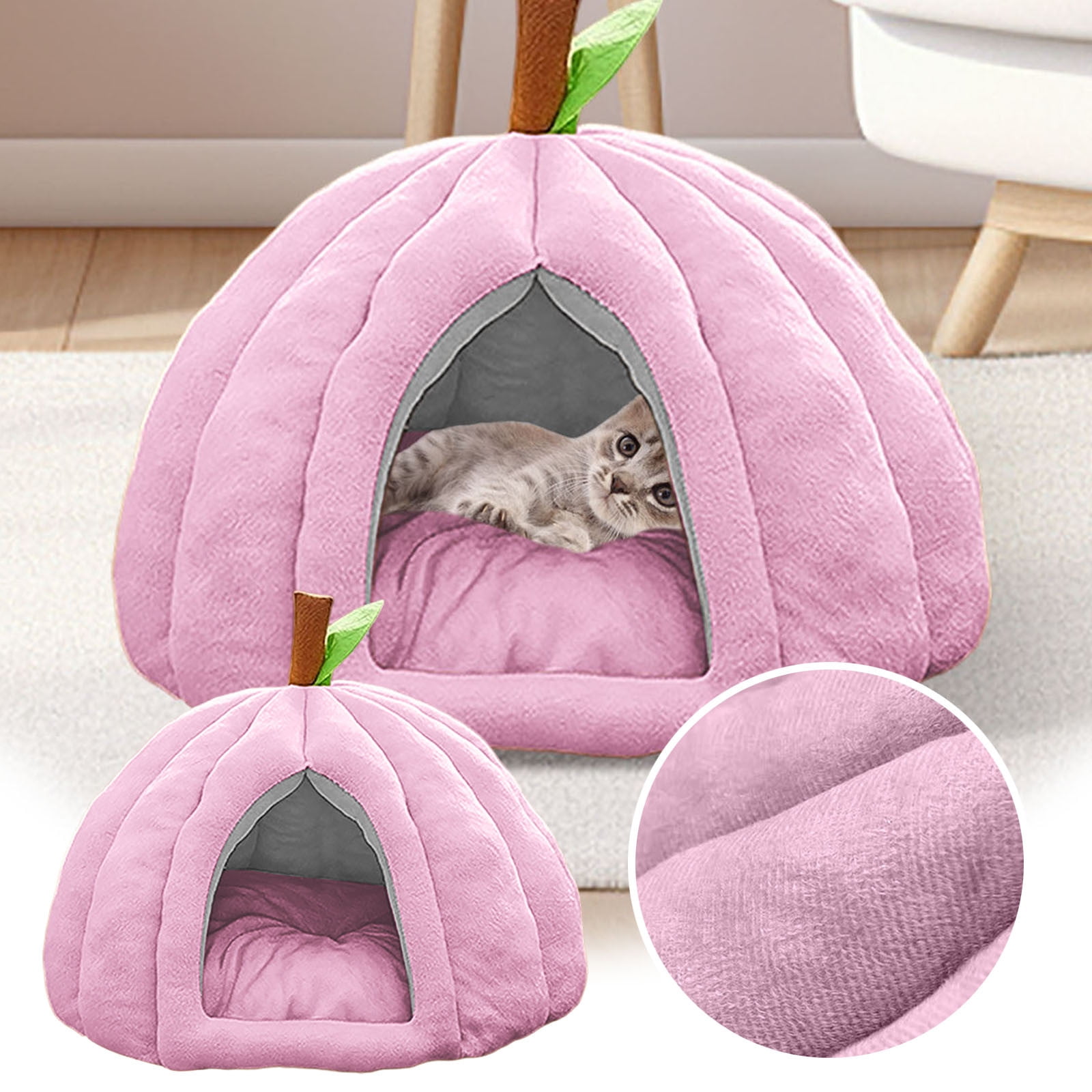 Cozy Pumpkin Cat Cave Bed with Removable Cushion - Warm Enclosed Indoor Cat House for Kittens and Small Dogs, Cute Seasonal Hideaway Sleep Tent Pet Bed