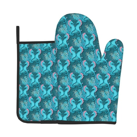 

Junzan Seahorse Pattern Oven Mitts and Pot Holders 2 pcs Set Potholders BBQ Gloves Long Kitchen Oven Glove for Cooking Baking Grilling (2-Piece Set 11 Inch)