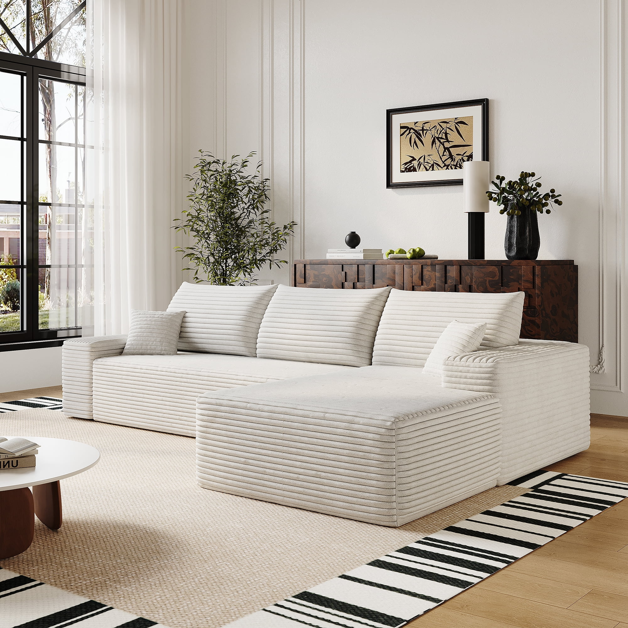 MAYEERTY 107" Cloud L-Shaped Modular Sectional Sofa with Chaise, Plush Corduroy Deep Seat 3-Seater Couch, Sofa for Living Room Bedroom, No Assembly Required, White