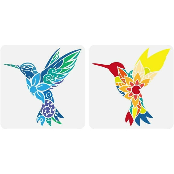 2 PCS Hummingbird Stencils for Painting 11.8x11.8 inch Plastic PET Birds Flowers Drawing Templates Hollowed Floral Mandala Patterns Stencils Animal Theme Templates for Floor Decoration