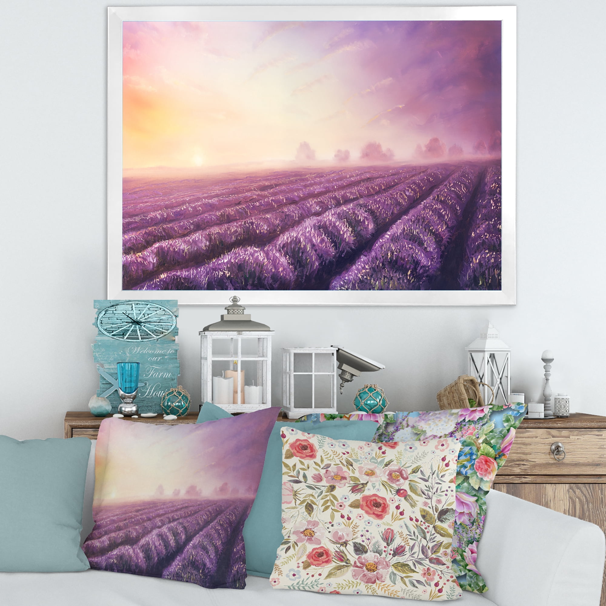 Lavender Fields During Sunrise 40 in x 30 in Framed Painting Canvas Art Print, by Designart