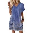 thumbnail image 2 of Women's Fashion Floral Print V-Neck Short Sleeve Dress with Pocket, Casual Pullover Summer Dress, Comfortable Loose Fit, Stylish Daily Wear,Blue,M, 2 of 8