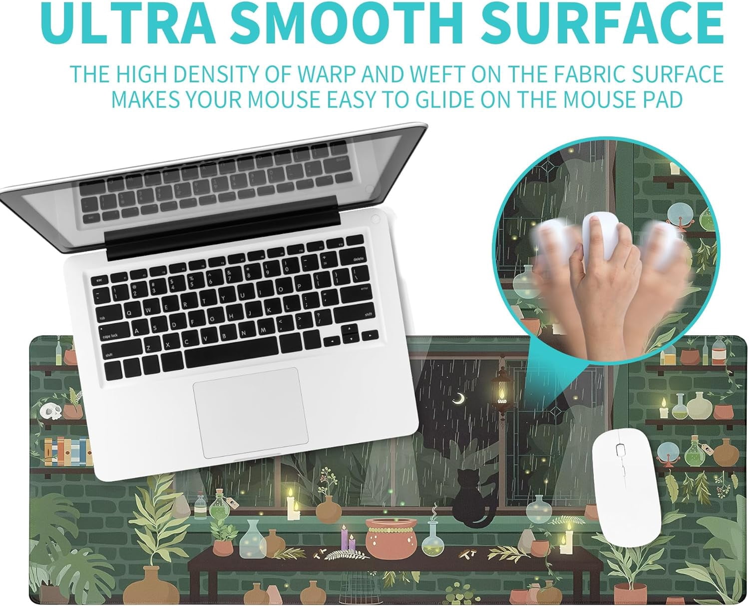 Dark Green Leaves Mouse Pad Abstract Cat Mouse Pad 31.5x11.8 Inch Aesthetic Flower Texture Non-Slip Rubber Base Large Mousepad Stitched Edges Keyboard Mouse Mat Desk Pad for Office and Home