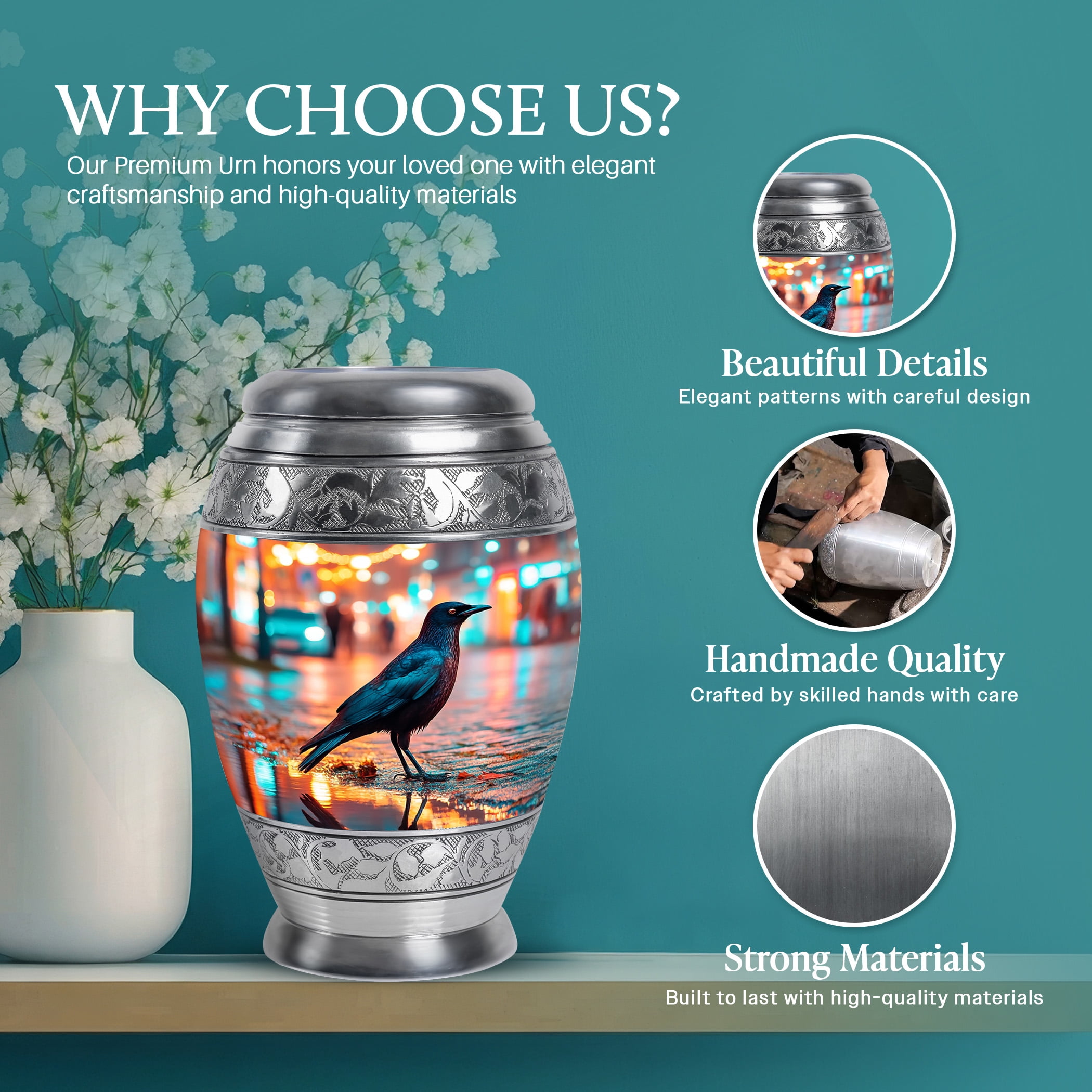 SABURIAL Crow Urn - Ashes Urn Human Remains - Combo - 10 Inch Large With 3 Inch - Funeral Decorative Ashes - Unique Urns - Adult Funeral Urns