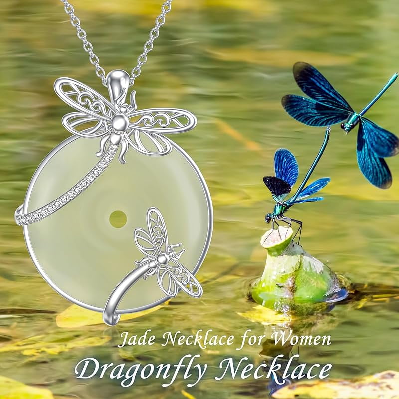 JKR Jade Necklace for Women Sterling Silver Round Cat/Hummingbird/Dragonfly/Butterfly/Bee Jade Jewelry Birthday Gifts Women Mom Wife Grandma