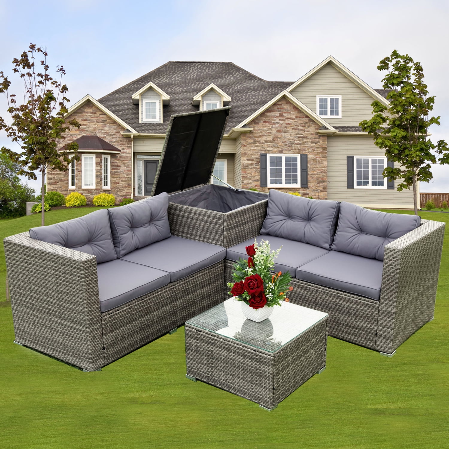Patio Furniture Set Outdoor 4Pcs Sofa Garden Conversation Modern Tea Table 