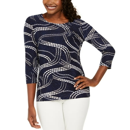 JM Collection Women's Jacquard Print Metallic Top Blue Size Large