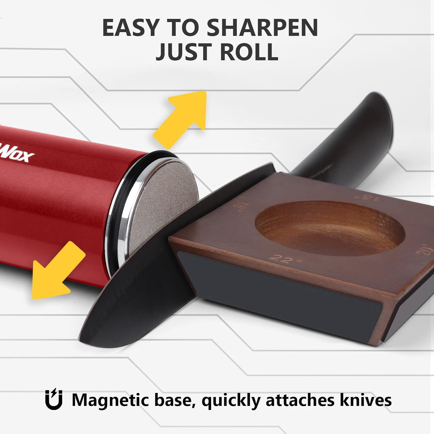 Upgraded Rolling Knife Sharpener with Leather Strop, 4 Angle Base & 4 Replaceable Discs for Kitchen Knives, Red