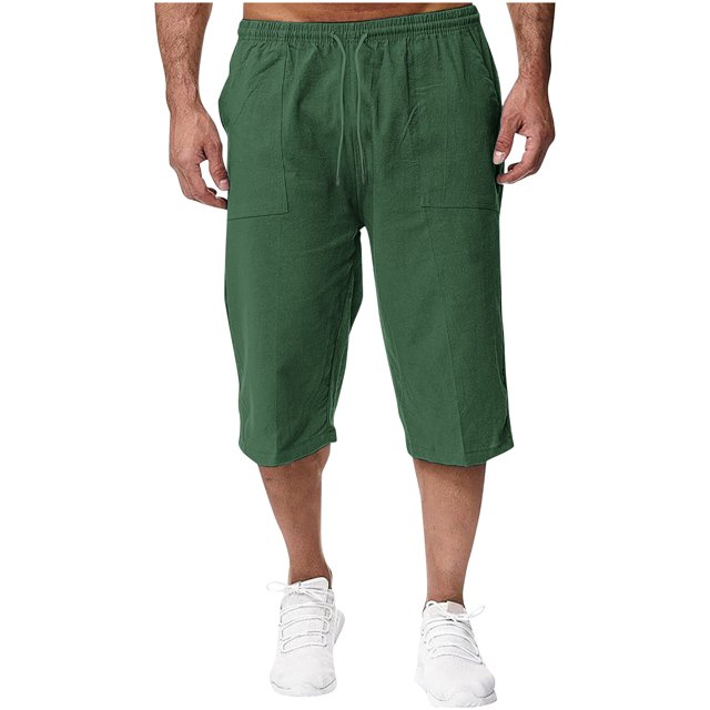 Aqestyerly Men's Quarter Pants Linen Drawstring Solid Color Pocket Casual Loose Lightweight Summer Bottoms