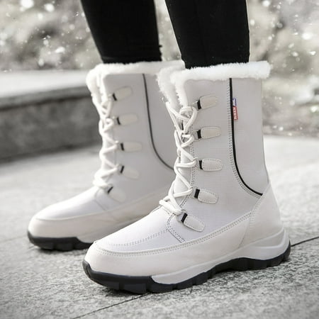 

Fashion Winter Women Snow Boots Mid Tube Flat Non Slip Round Toe Lace Up Solid Color Plush Warm And Comfortable Outdoor