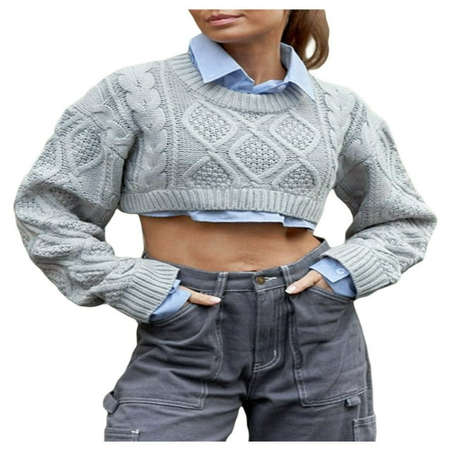 POINTERTECK Femmes Y2K Crop Tops Tricotés Patchwork Chandails Manches Longues Crochet Couverture Tendance Automne Mode Urbaine
