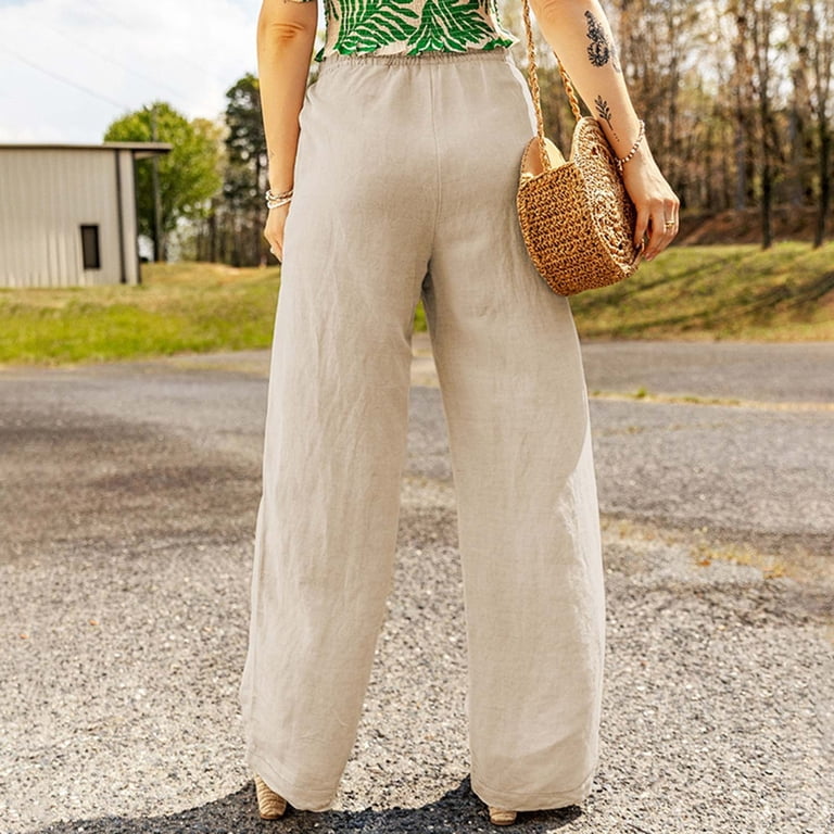 Lenpel Linen Pants for Women Elastic High Waisted Drawstring Wide