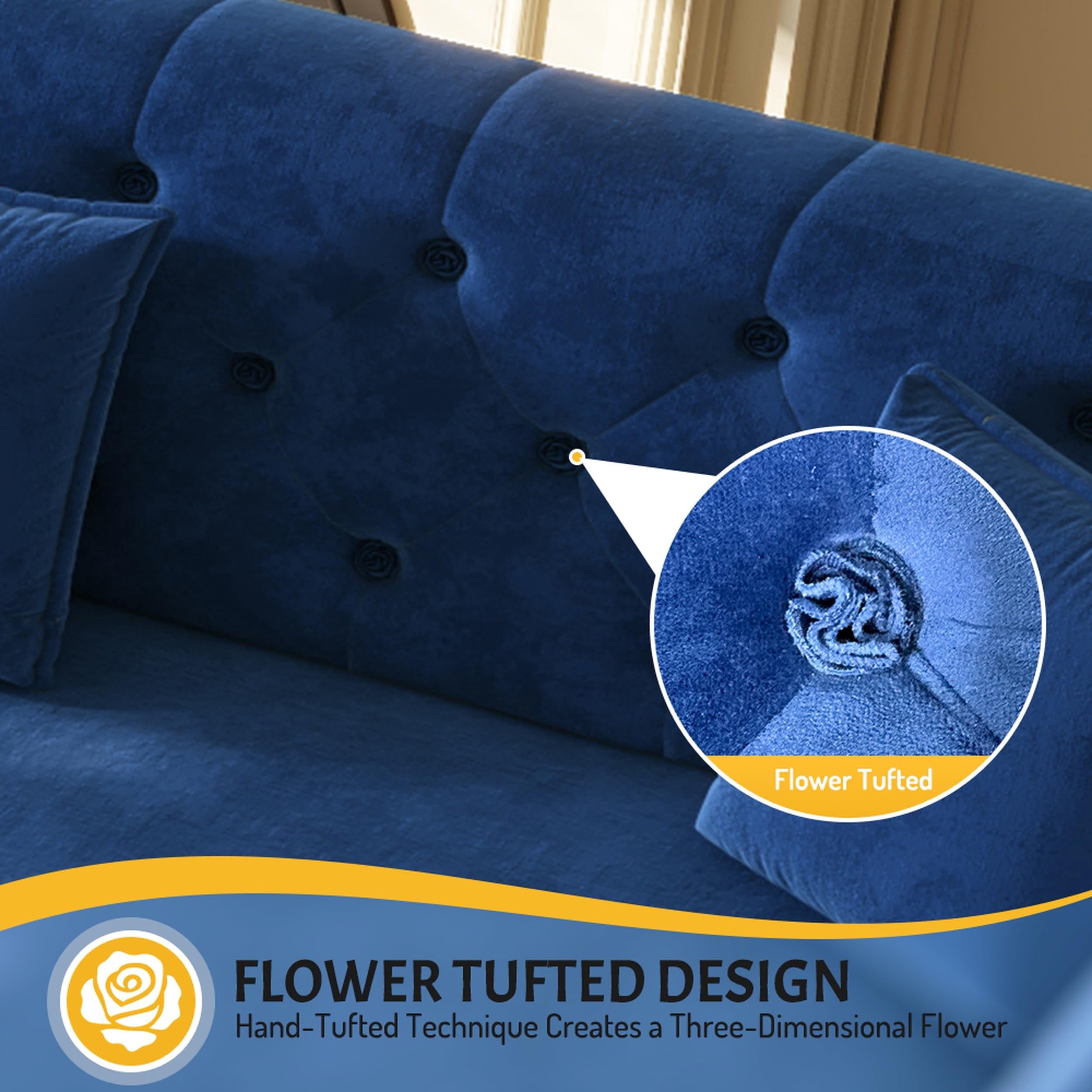 100" Oversize Velvet Sofa Bed, Blue Pull-Out Sleeper Loveseat with Handmade Flower Tufted Design, Convertible Sofa for Living Room, Bedroom, Apartment