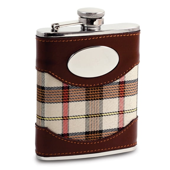 6 Oz. Stainless Steel Flask, Brown Leather & Beige Fabric