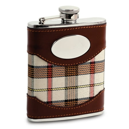 6 Oz. Stainless Steel Flask,  Brown Leather & Beige Fabric