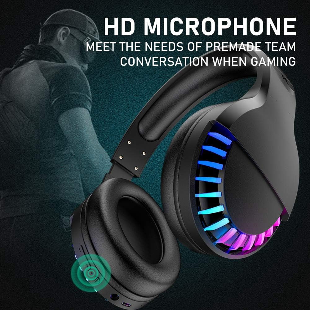Wireless Bluetooth Headphone with Noise Cancellation HiFi Stereo Sound Mic Deep Bass Protein Earpad Rainbow RGB Backlight Rechageable Over Ear Headset for PC Mac Game Travel Class Home Office(Black)