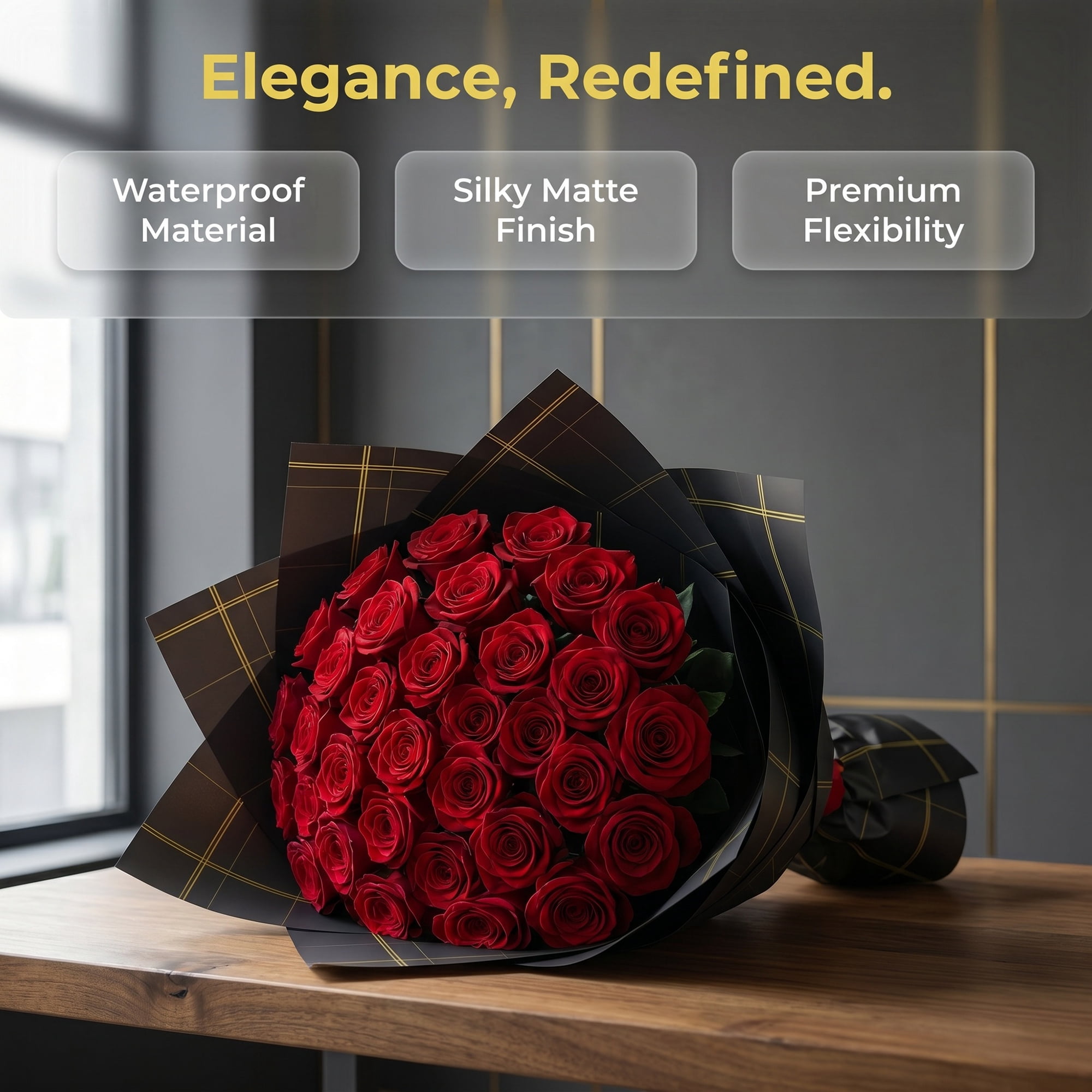 Unique Bargains Luxury Plaid Waterproof Gift Wrap Paper for Bouquets Black 22.4"x 22.4"