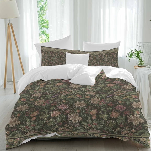 Retro Flower Botanical on Green Queen Size Bed Set,Vintage Ethnic Style Bedding for All Seasons,4 Pcs Bed Set,1 Quiltcover(90"x92"),1 Sheet(94"x116"),2 Pillowcases(30"x20")