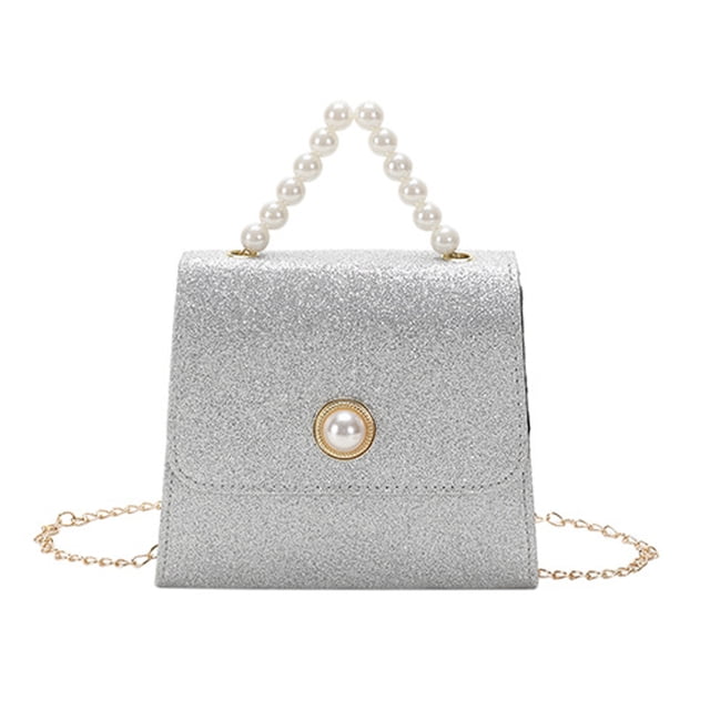 Adecuado para mujeres que buscan una bolsa pequeña con hebilla de perla, de moda, con cadena, para hombro, tipo bandolera, color plateado