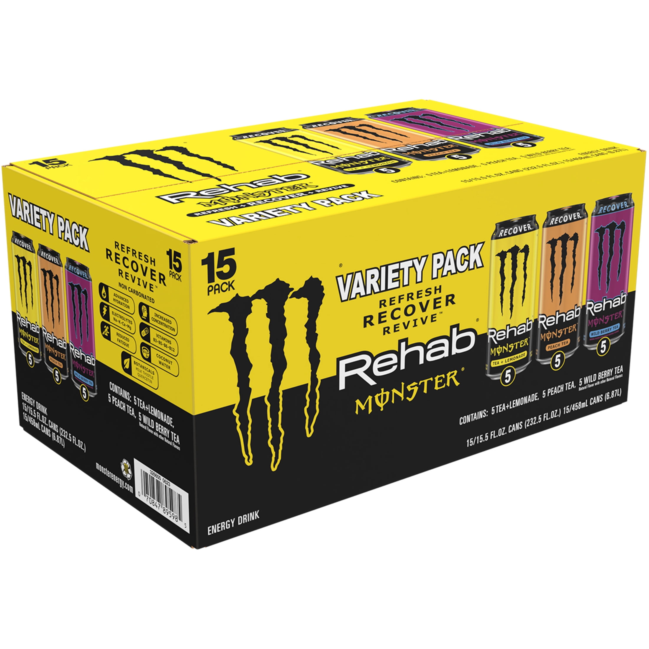 Monster Rehab Variety Pack Energy Drink, Zero Sugar, 15-Pack, 16 Oz Cans