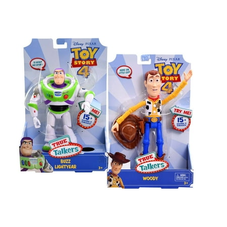 Disney Pixar Toy Story 4 Woody & Buzz Lightyear True Talkers 15 Sounds & Phrases, Talking Pretend Play Doll Action Figure Playset, Collectible Cartoon Movie Character Display for Age 3 Up (2 Items)