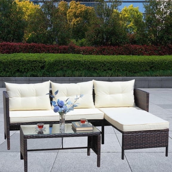 Three-Piece Outdoor Patio Set, Wicker Dining Set with Coffee Glass Table and Cushions (Off-White)