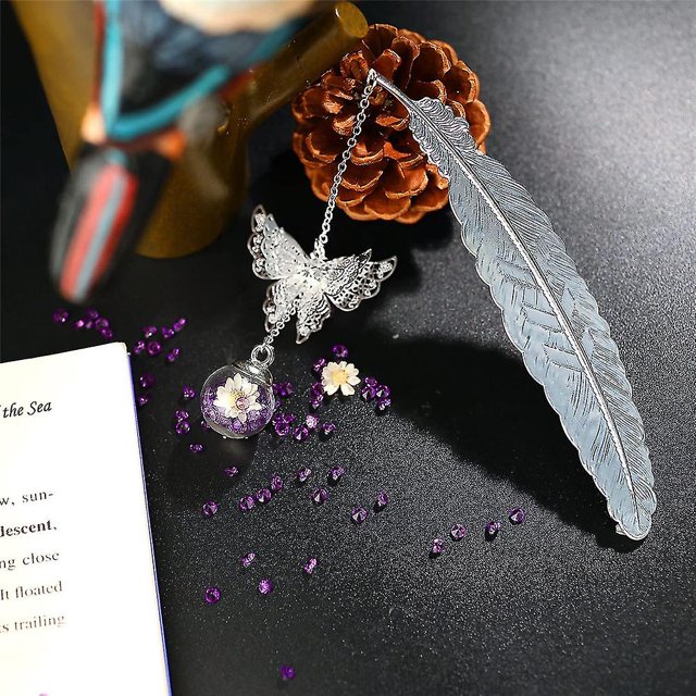 Marcapáginas de plumas de mariposa, colgante de Metal con bola de flor eterna creativa, regalo Vintage LingWen 8390605742781