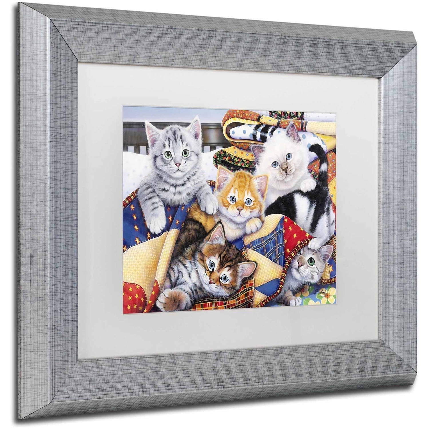Trademark Fine Art 'Cozy Kittens' Canvas Art by Jenny Newland, White Matte, Silver Frame