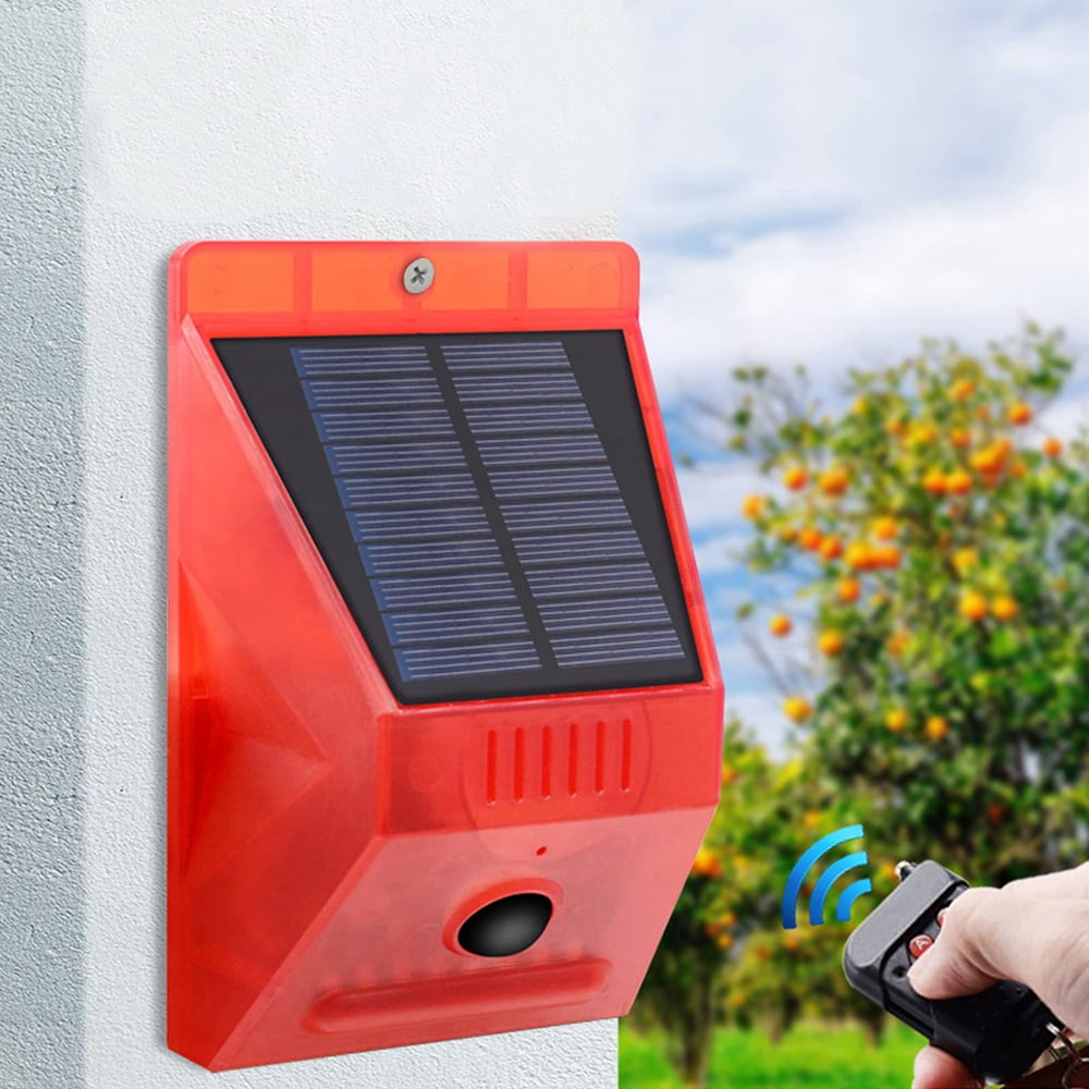 Solar Strobe Light with Remote Controller Motion Detector Outdoor Alarm Light 129db Sound Security Siren Light IP65 Waterproof Protected for Your Home,Villa,Baren,Farm,Yard