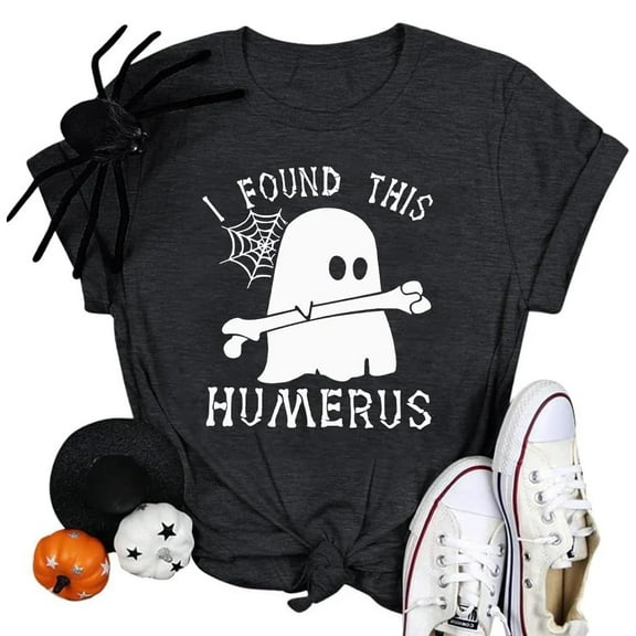 VILOVE Women Halloween T-Shirt I Found This Humerus Letter Print Cute Ghost Graphic Crew Neck Tee Tops