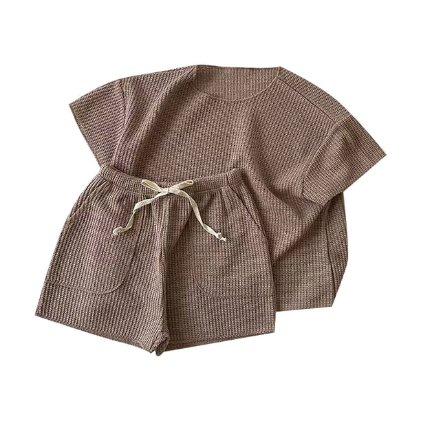 Gibobby Conjunto de dos piezas de pantalón para bebé Ropa de casa de manga corta de punto suelto para bebé, traje de Color sólido, conjunto deportivo(Marrón, 3-4 Años)