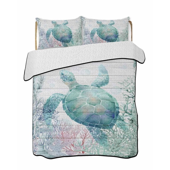 Quilts King Size Bedding Set, Teal Sea Turtle Lightweight Quilted Comforter, Summer Coastal Coral Ocean Grey Wooden Soft Reversible Bedspread Coverlet with Pillow Covers for All Season, 96" x 106"