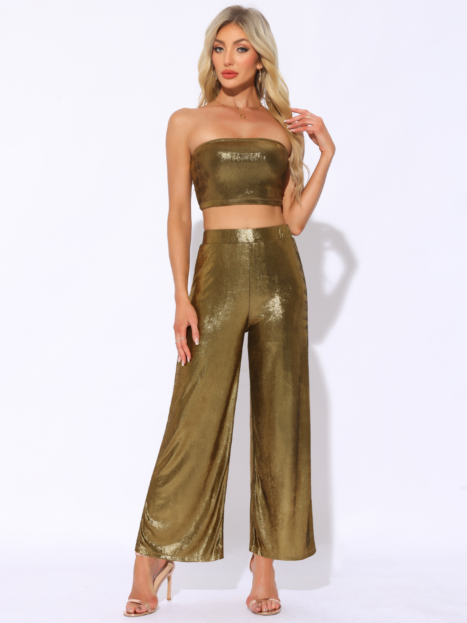 DARING DIVA Women's Metallic Party Club Flare Pants Cropped Tops Outfits XL Black Gold