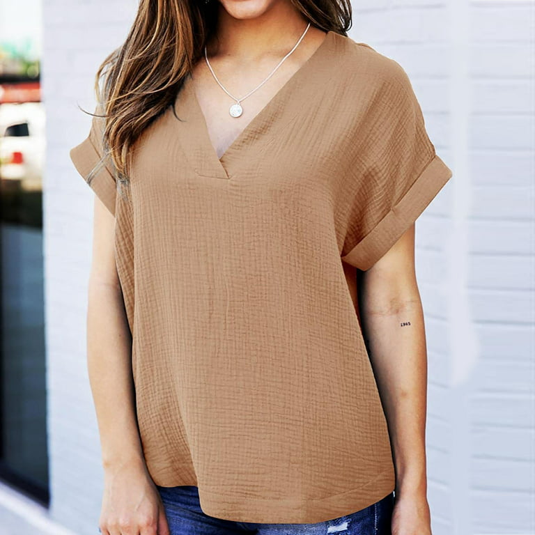 Ladies Tops And Blouses Women Fashion Casual Solid V-Neck Loose Short  Sleeve T-shirt Top Blouse Pullover Cropped T Shirts for Women ,Khaki,3XL 