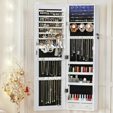 Simenmax Mirror Jewellery Cabinet Lockable Wall Mounted Jewelry Armoire Organizer with LED Light