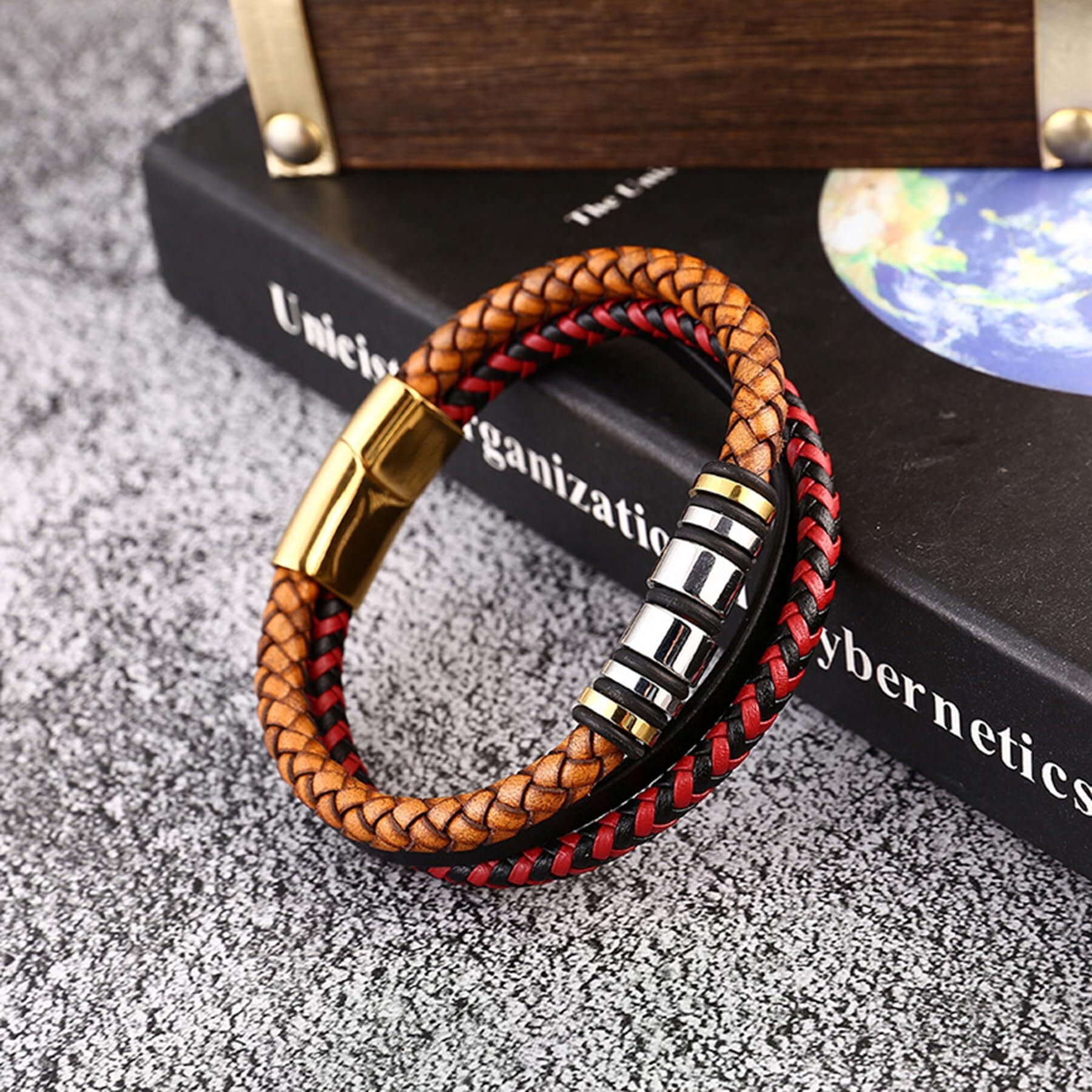 Inpasne Men's Leather Bracelet Braided Wristband Bangle Stainless Steel Bracelet Jewelry Gifts for Men Husband Dad