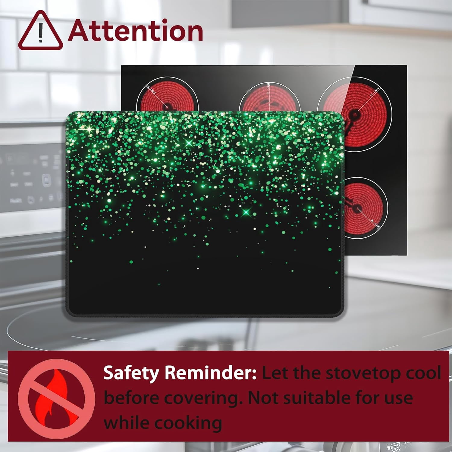 Green Glitter Stove Top Cover for Electric, Glass Ceramic Stove Cover, Heat Resistant Flat Stovetop Protector, Dish Drying Mats for Kitchen