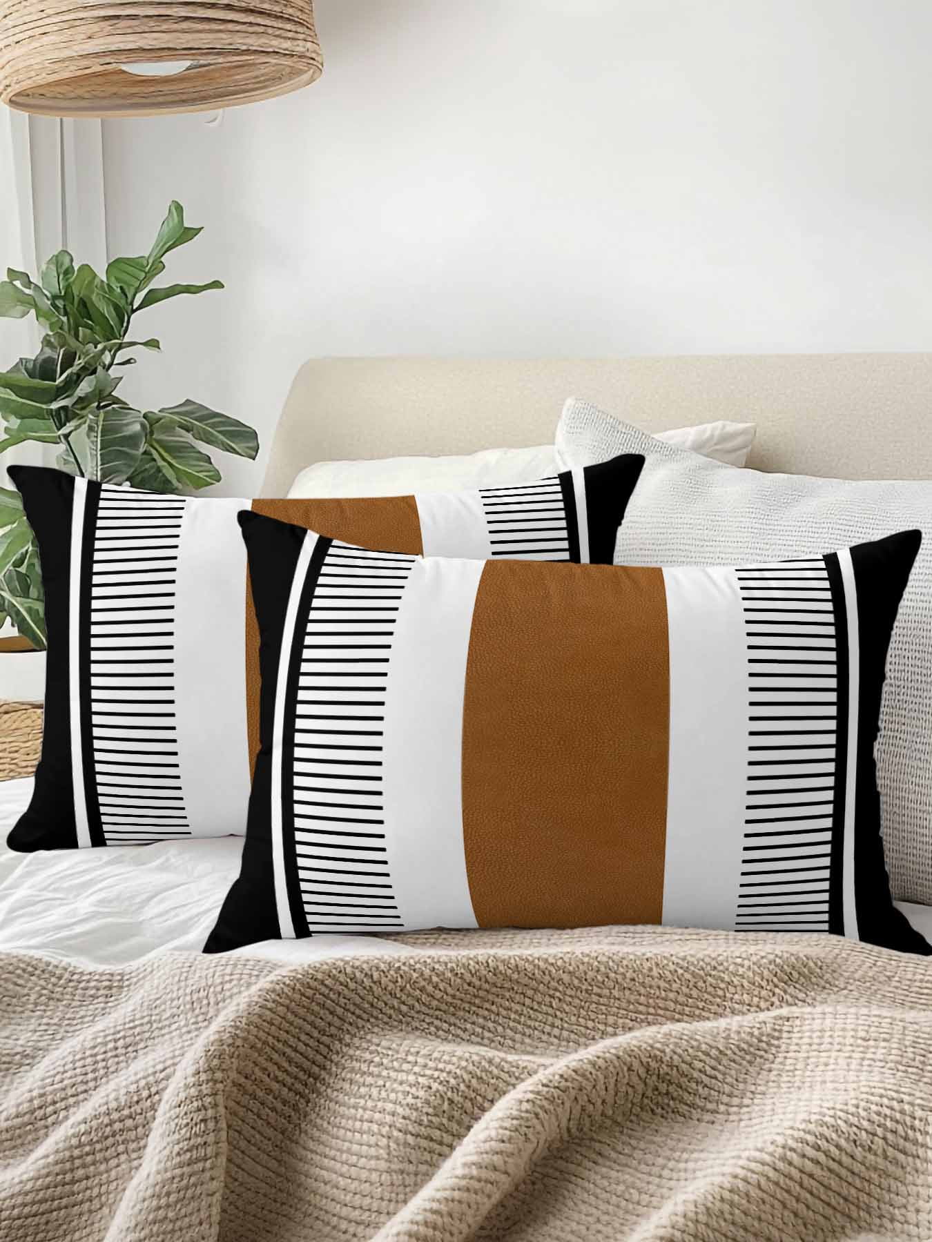 Waterproof Outdoor Throw Pillows with Inserts 12"x20", Modern Brown Black Soft Decorative Pillowcases for Couch Bedroom, Boho Contemporary Geometric Striped Pillow Covers for Sofa Living Room