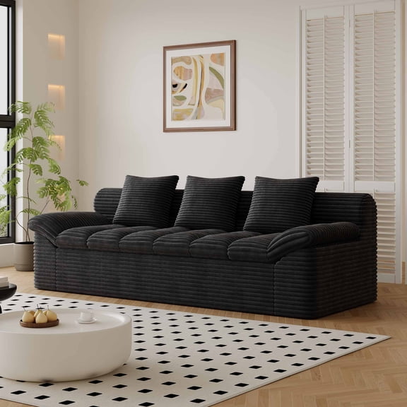 Muumblus 71" Corduroy Boneless Sofa, Removable Cushions, Modern Upholstered Deep Seat Sofa for Apt., Black