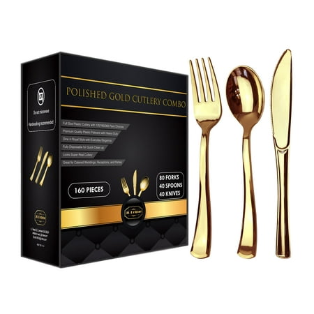 Antique Gold Silverware Set JL Prime 160 Gold Plastic Silverware Set, Gold Plastic Cutlery Set, Heavy Duty Utensils for Party & Wedding, Disposable Gold Flatware, 80 Plastic Forks, 40 Plastic Spoons & 40 Plastic Knives ()